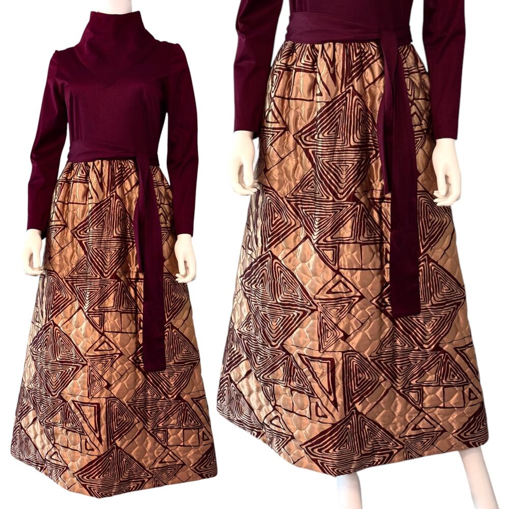Louis Marie Quilted Skirt Maxi Dress Vtg 60s Size 8 Burgundy Gold Avant Garde